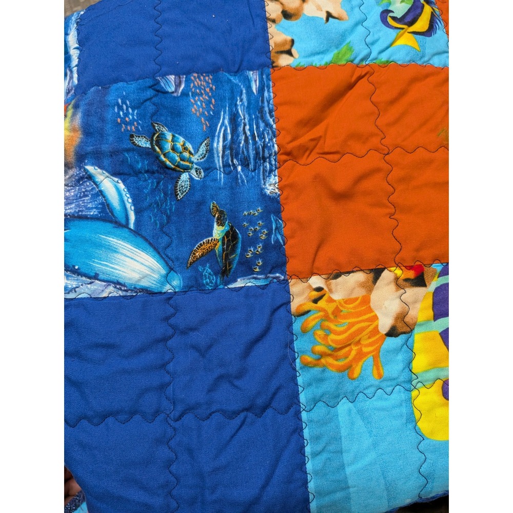 Handmade Kids Ocean Life Sea Turtle Whale Patchwork Quilt Blue Orange Reversible